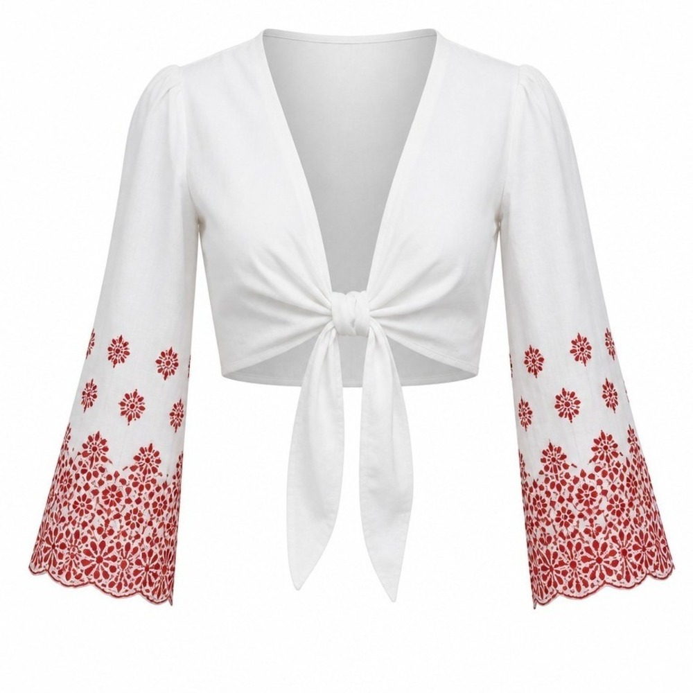 Lane Bryant Tie Front Top Womens 14/16 White Red Eyelet Embroidered Crop Boho